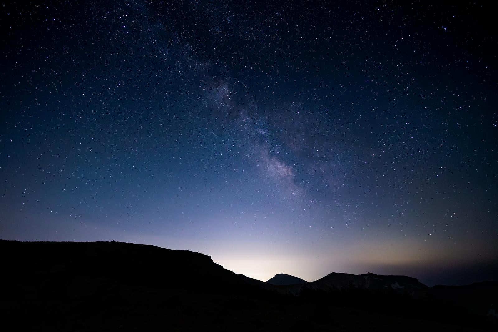 「沼ノ平火口の夜空と天の川の輝き」の写真