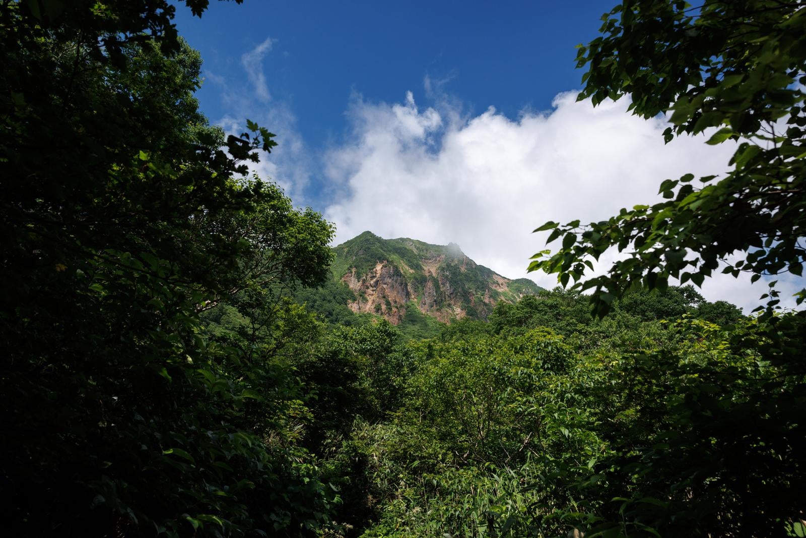 「自然の中から顔を出す磐梯山」の写真