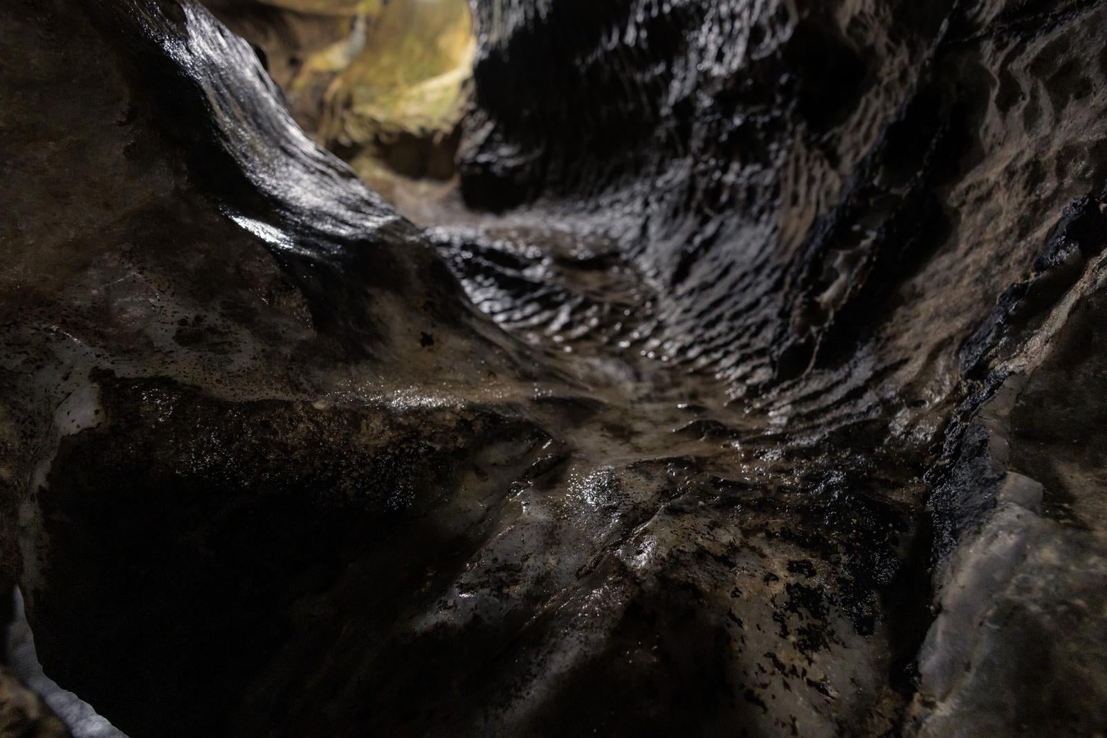 「濡れた鍾乳洞の洞内美」の写真