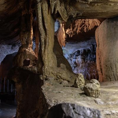 濡れた洞内で語られる鍾乳石の神秘の写真