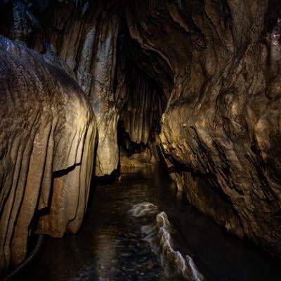 入水鍾乳洞の洞内での暗がりと地下水の写真