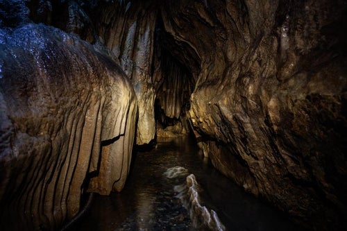 入水鍾乳洞の洞内での暗がりと地下水の写真