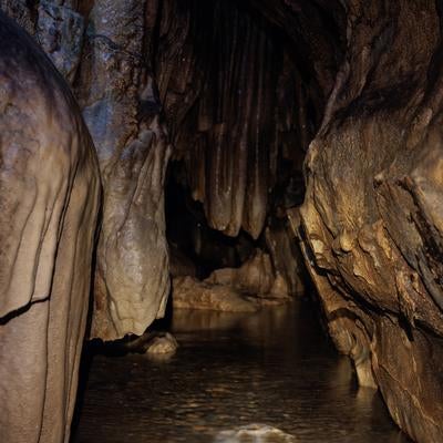 入水鍾乳洞の洞内暗がりと地下水の写真