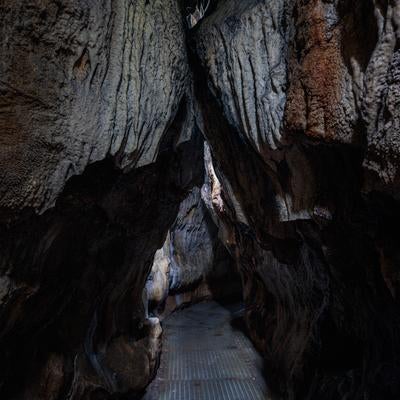 入水鍾乳洞の暗がりの洞内通路の写真