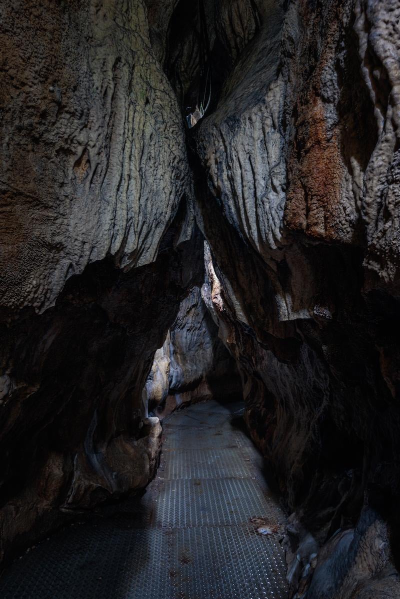「入水鍾乳洞の暗がりの洞内通路」の写真