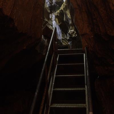 鍾乳洞の内部を上がる階段で辿る入水鍾乳洞探検の写真