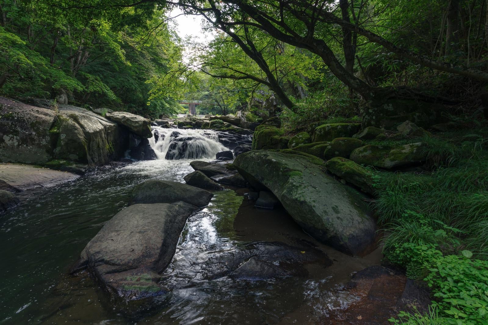 「静寂に包まれた山鶏滝の渓流と岩場」の写真