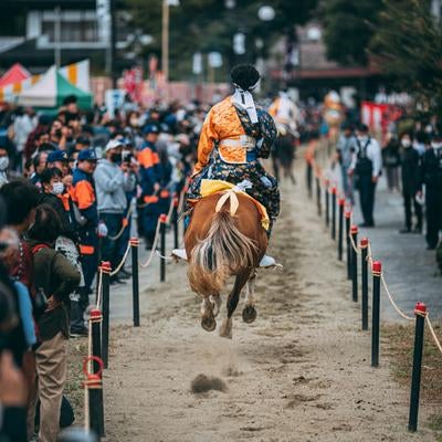 古殿八幡神社例大祭の流鏑馬の勇敢さと後ろ姿の写真