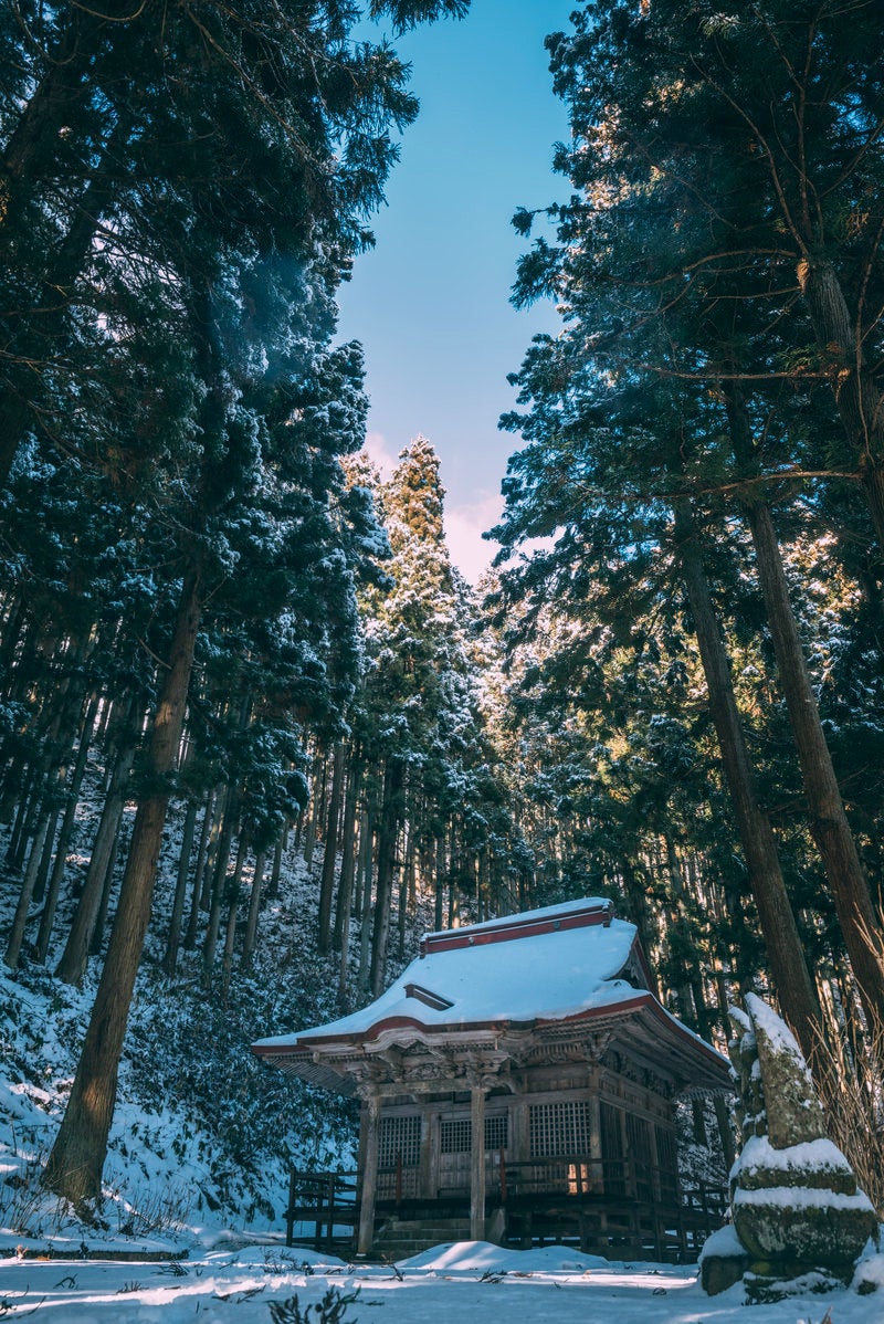 「お堂の屋根に積もる雪」の写真