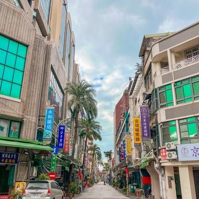 ヤシの木が並ぶ台湾の商店街の入口の写真