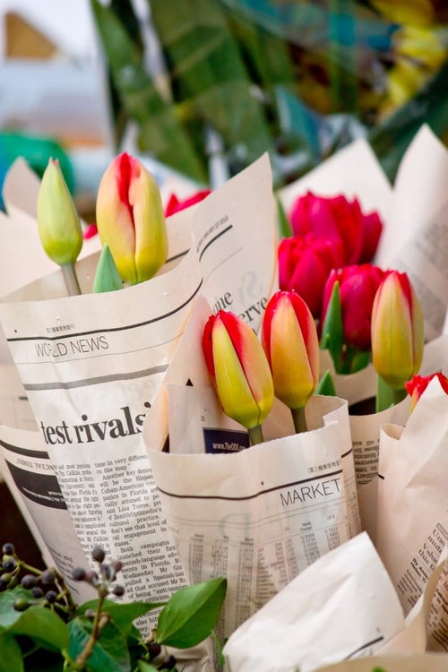 英文の新聞に包まれた花の写真