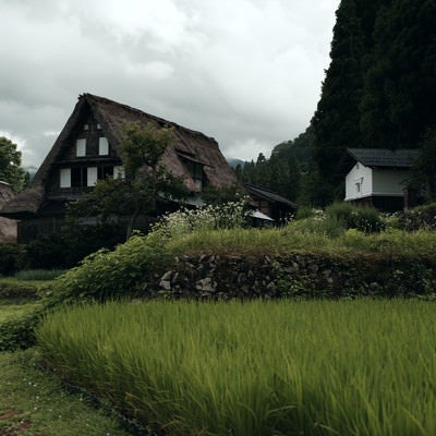田んぼ脇の畔と相倉集落の写真