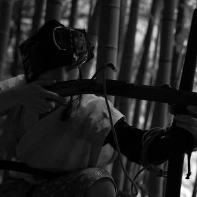 竹林の陰から火縄銃で追手を狙う山賊の写真