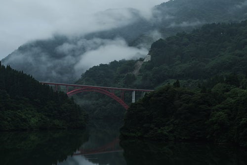 霧が幻想的な庄川峡と利賀大橋の写真