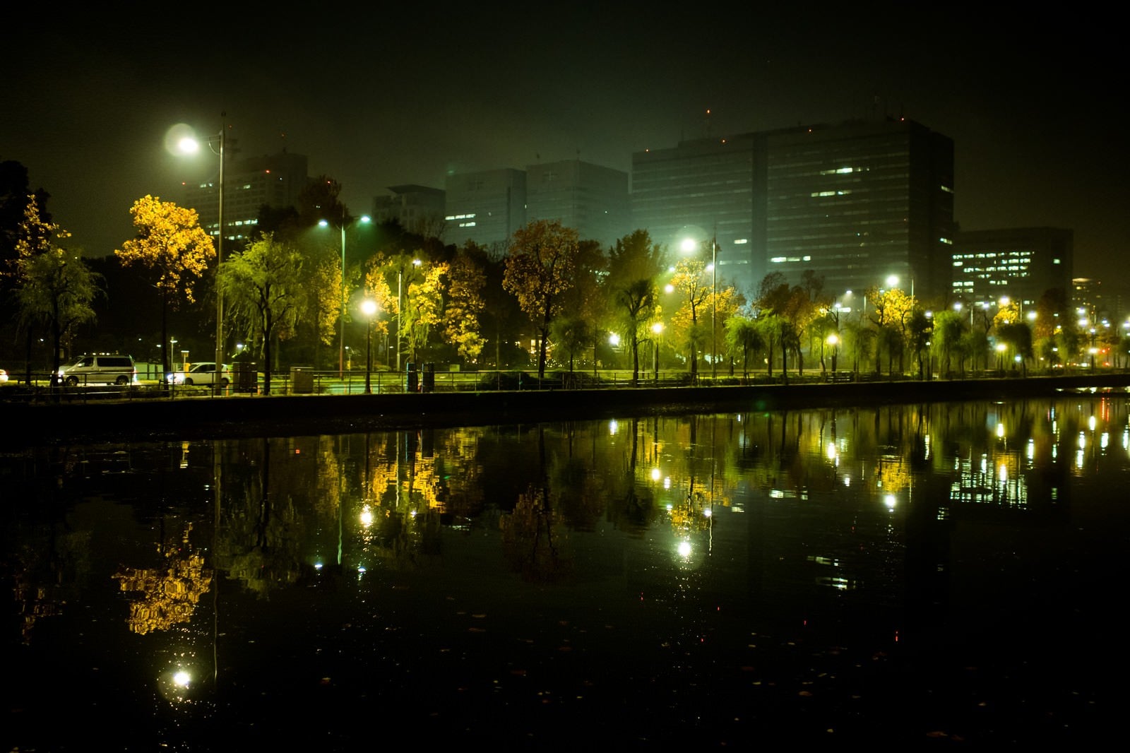 「水面に映り込む皇居の堀とビル群の夜景」の写真