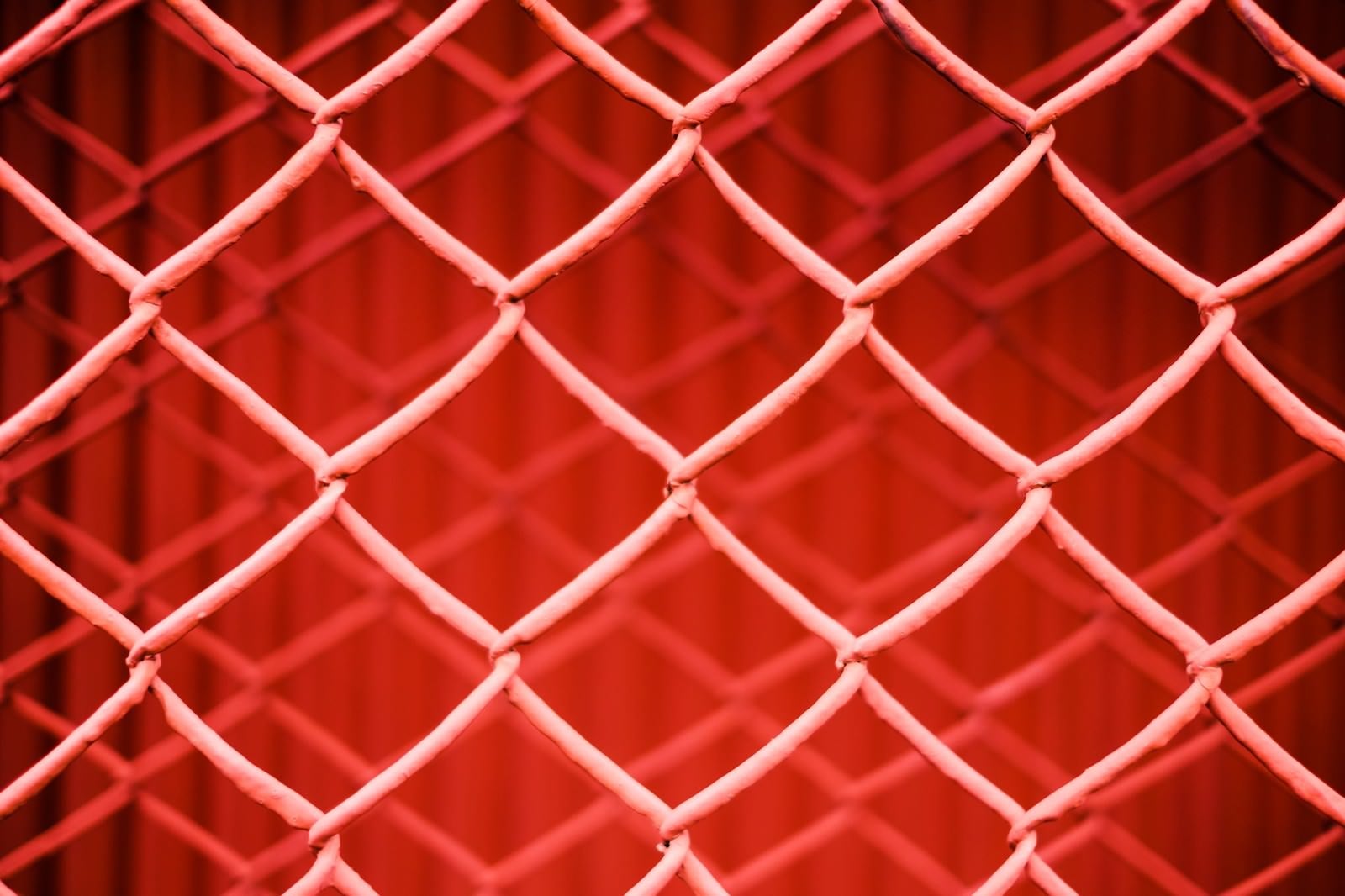 「重なった金網フェンス（赤）」の写真
