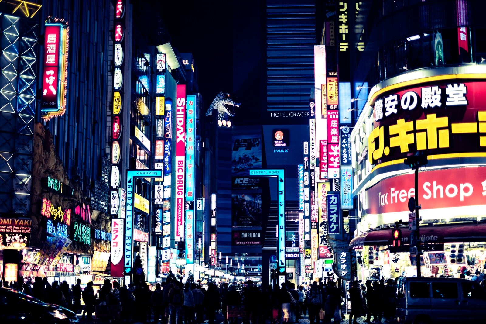「新宿歌舞伎町のゴジラロード（夜間）」の写真