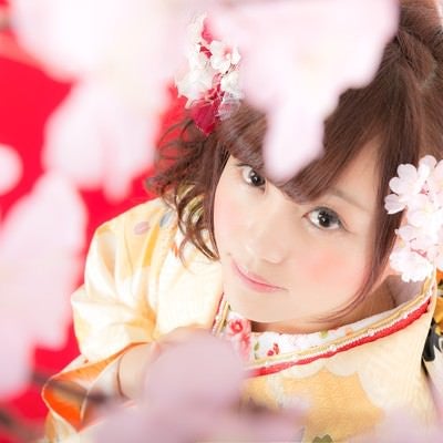 着物美人と見上げる桜の写真