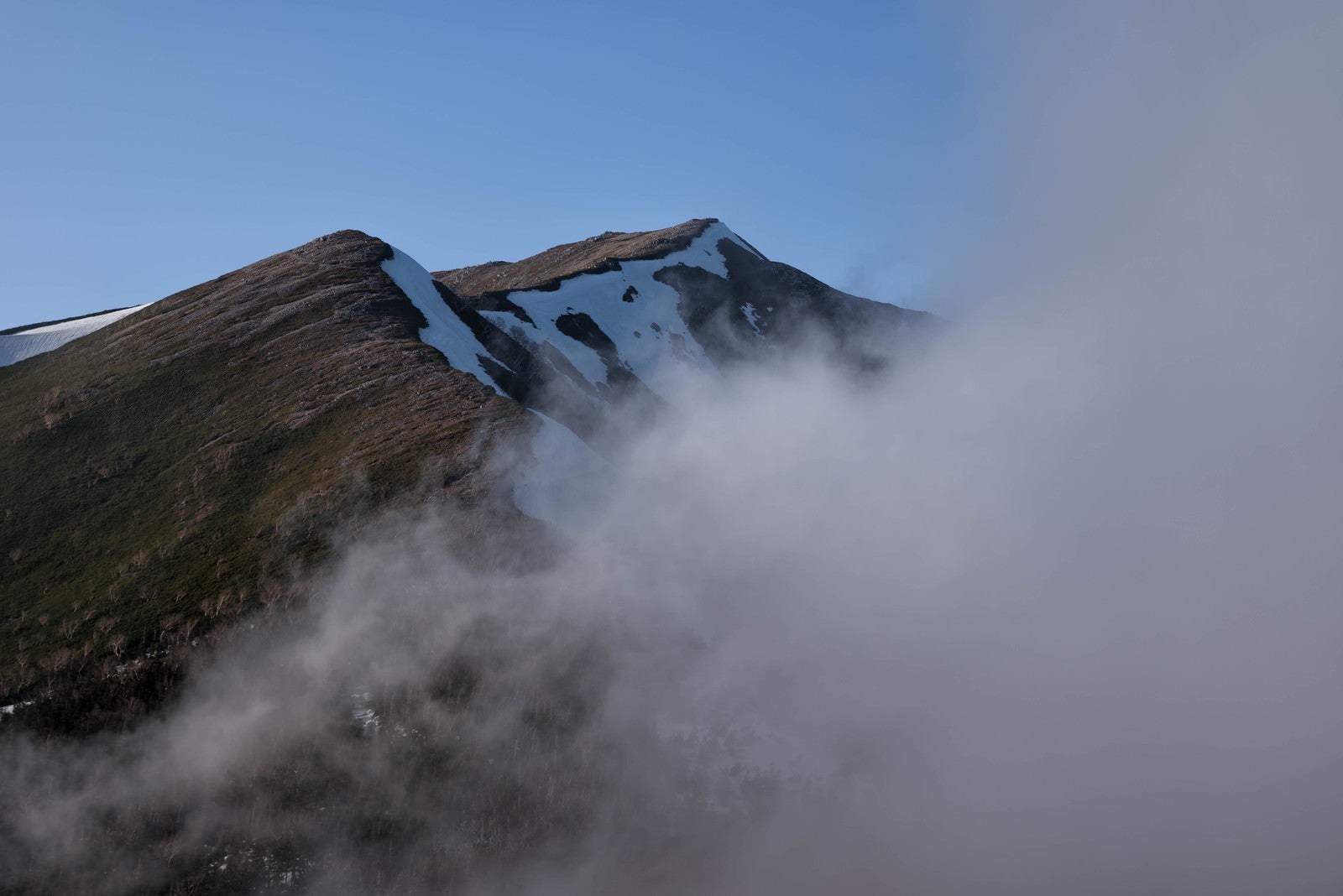「雲に覆われる横通岳」の写真