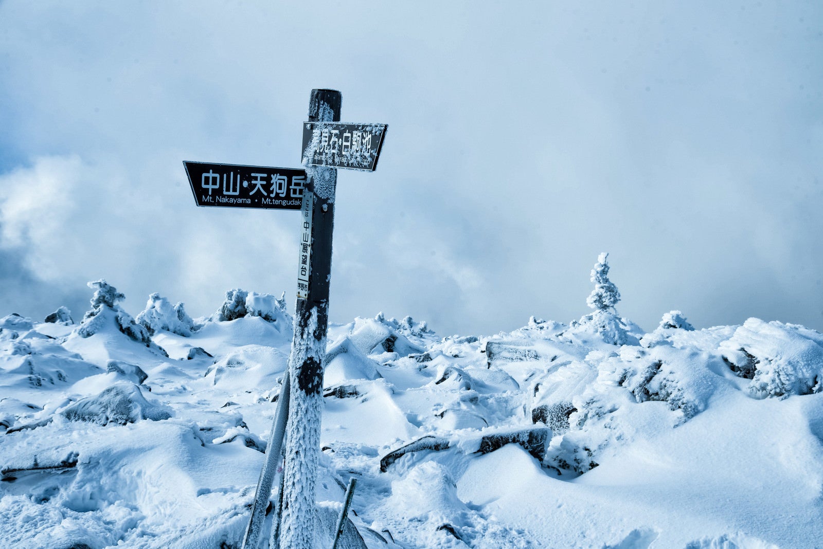 「厳冬期の中山峠展望台にある指導標」の写真