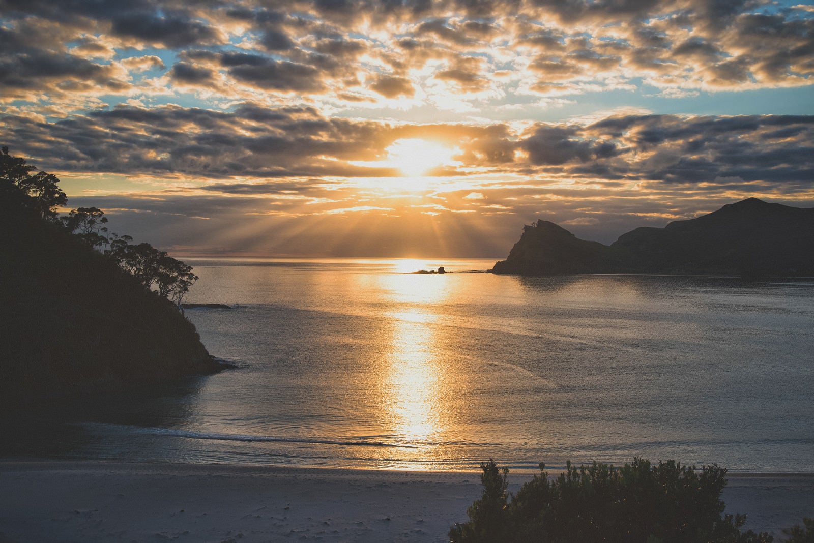 「グレートバリア島の海に伸びる朝日のレイライン（ニュージーランド）」の写真