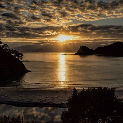 グレートバリア島の浜辺まで延びるレイラインと朝日（ニュージーランド）の写真