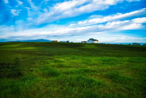 ニュージーランド郊外の広大な草原の中にある家の写真