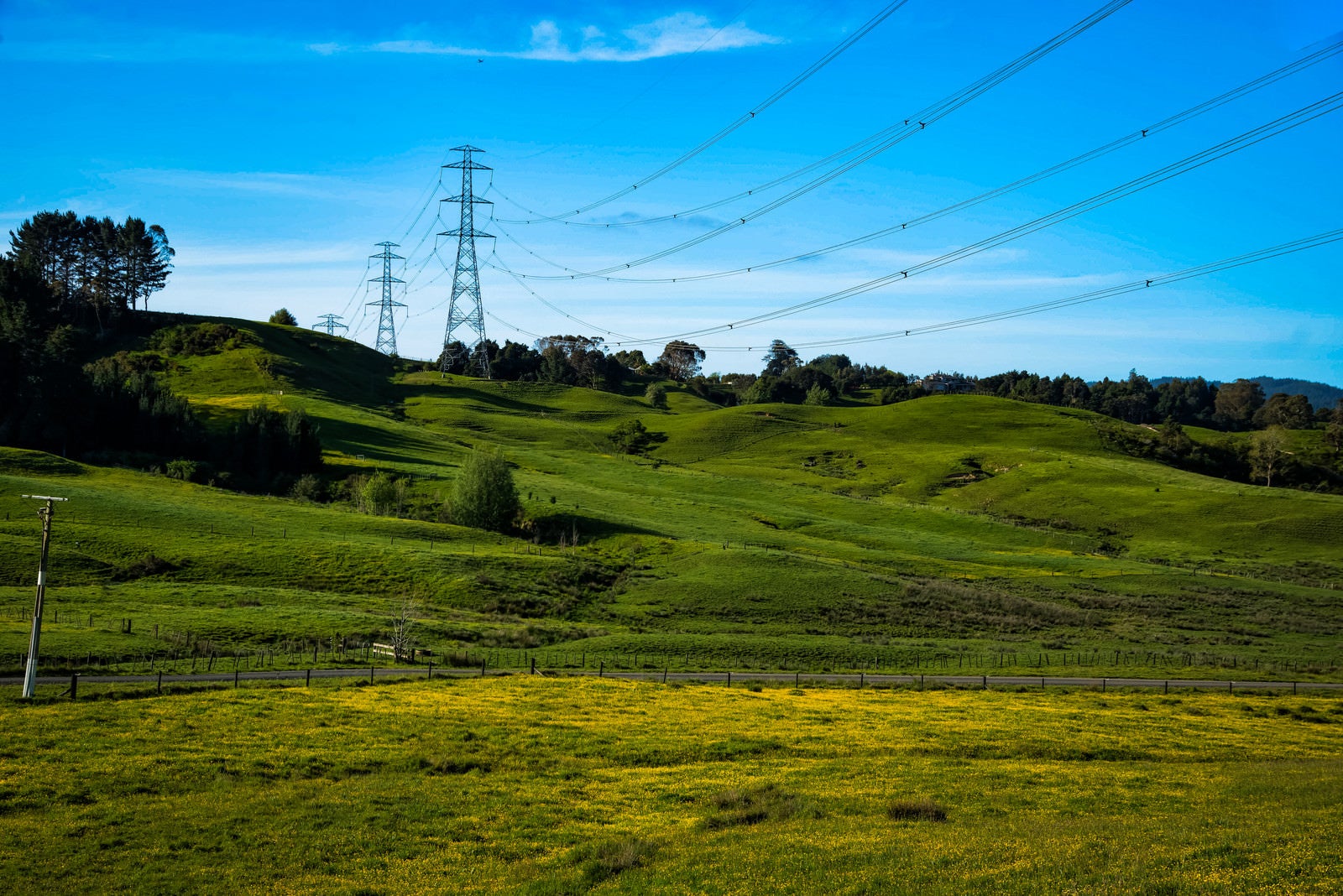 「ニュージーランド郊外まで延びる送電線」の写真