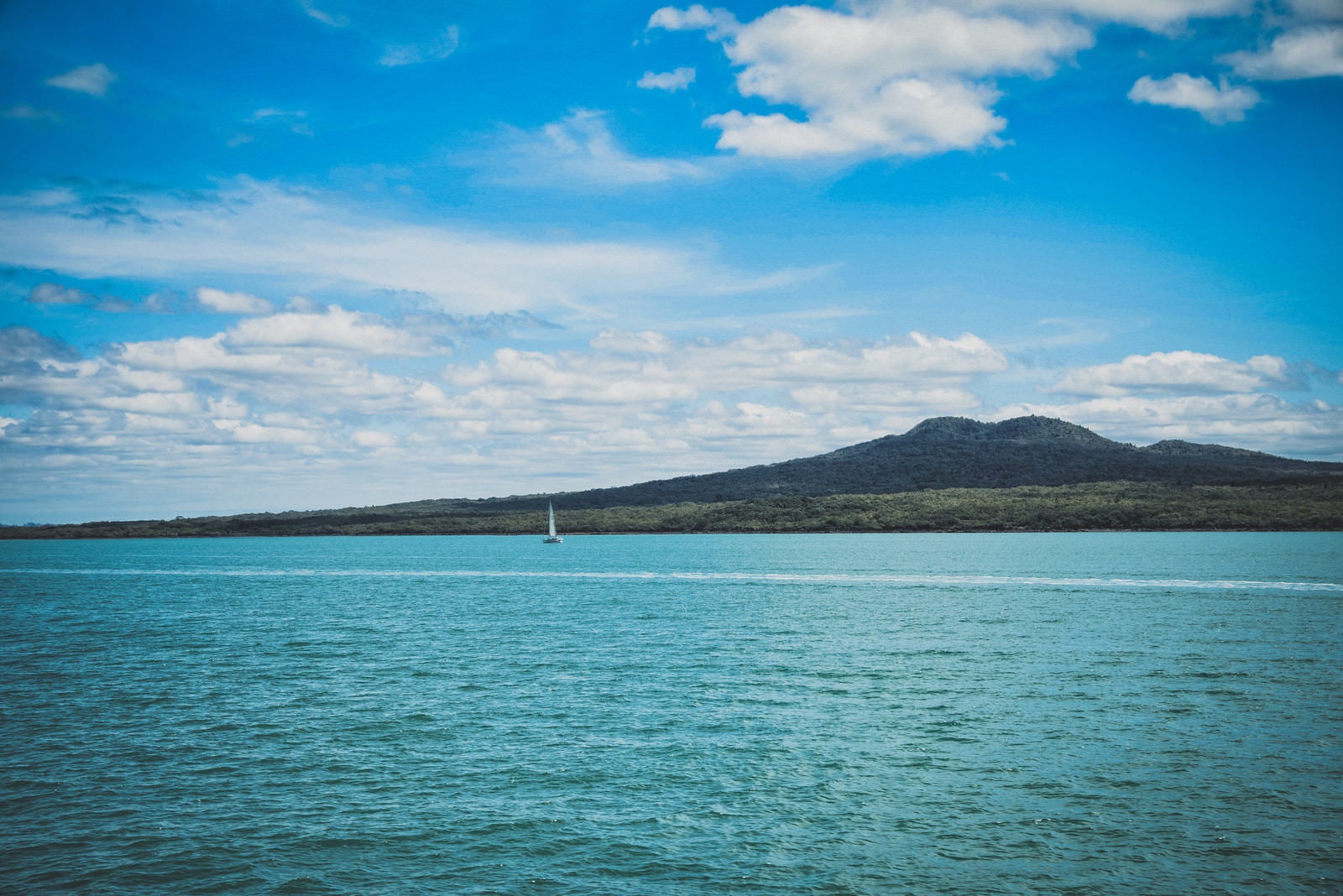 「ハウラキ湾に浮かぶヨットと島（ニュージーランド）」の写真