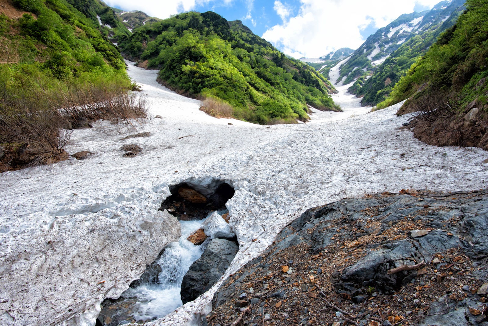 「雪解けの針ノ木大雪渓の下を流れる川」の写真