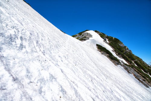 針ノ木岳山頂直下の残雪（北アルプス）の写真