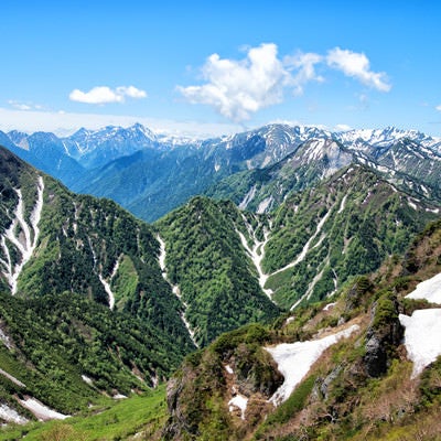 針ノ木峠から見える槍ヶ岳（飛騨山脈）の写真