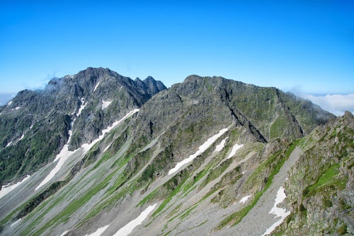 北穂高岳から眺める涸沢岳と奥穂高岳の岩峰の写真