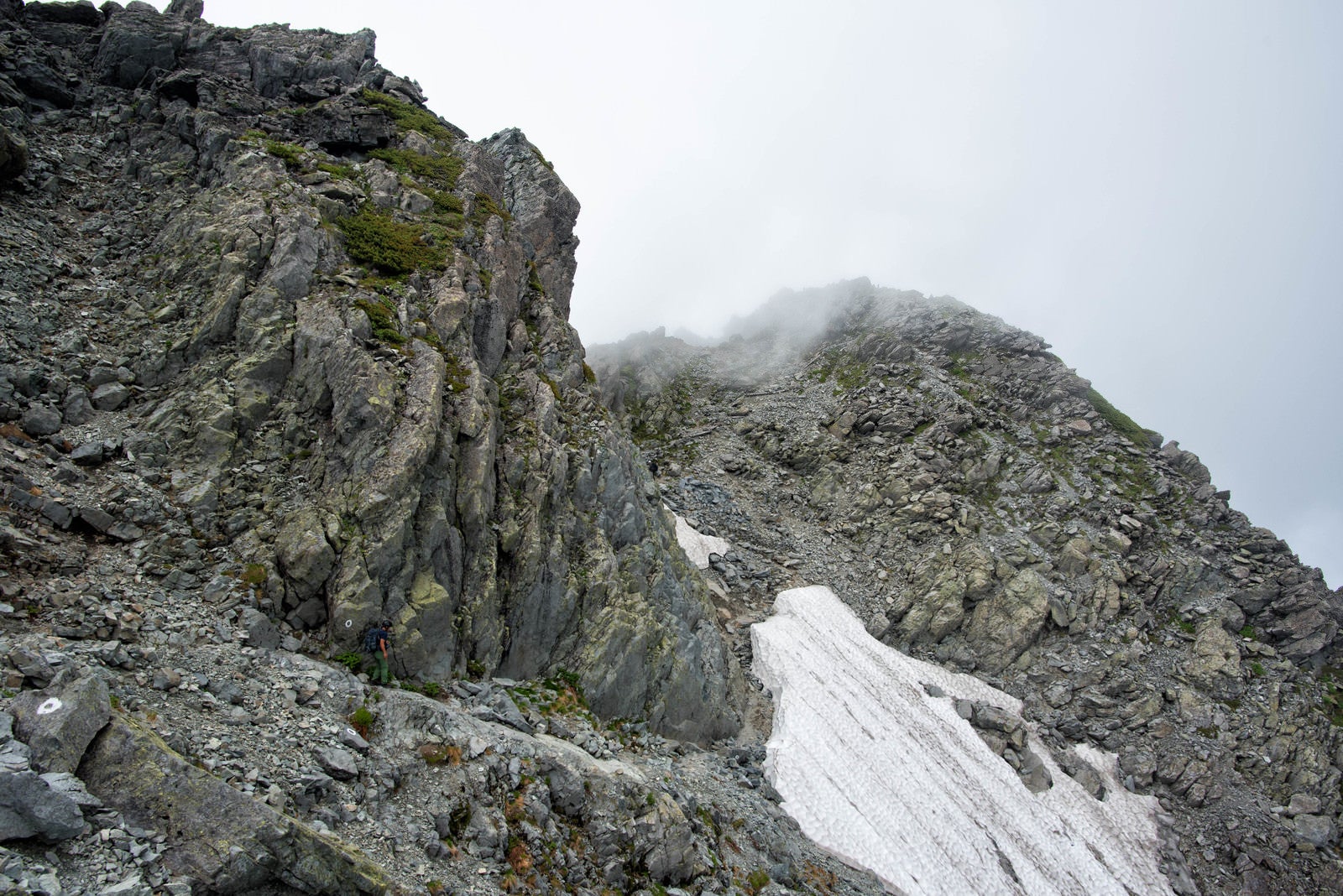 「北穂高岳山頂直下の残雪の岩稜」の写真