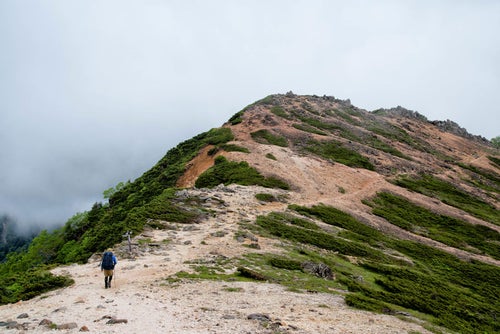 天狗岳の稜線を歩く登山者（八ヶ岳連峰）の写真