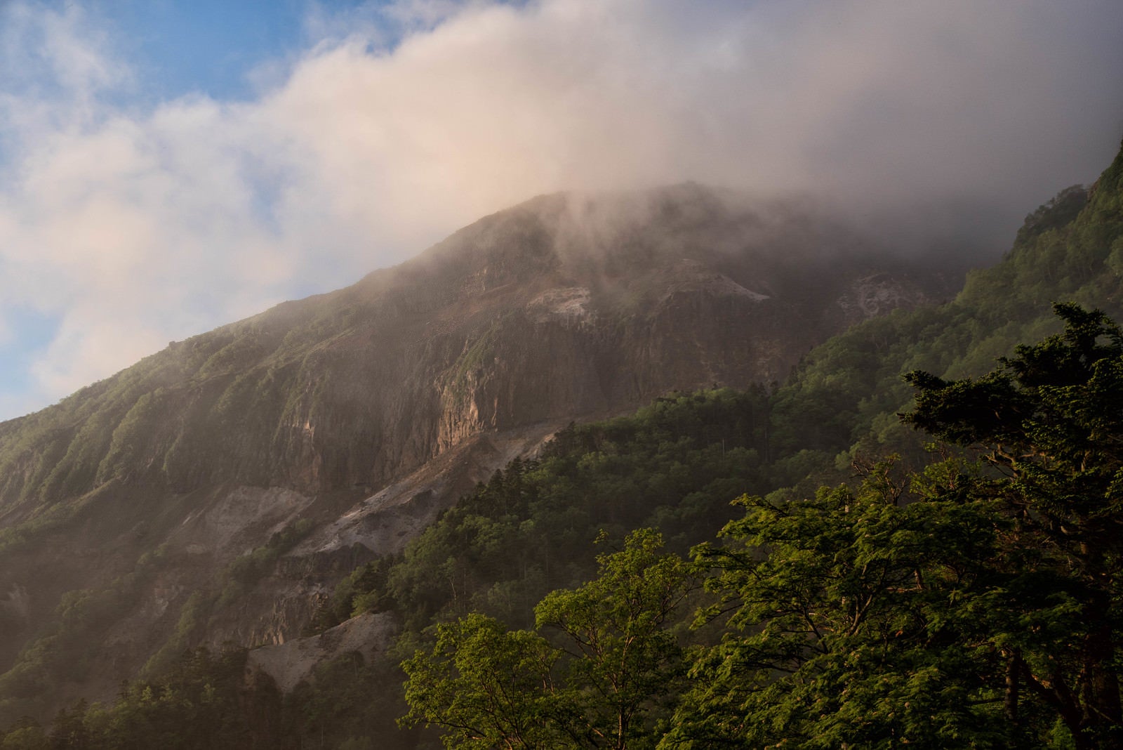「朝靄の中から姿を現す硫黄岳（八ヶ岳）」の写真
