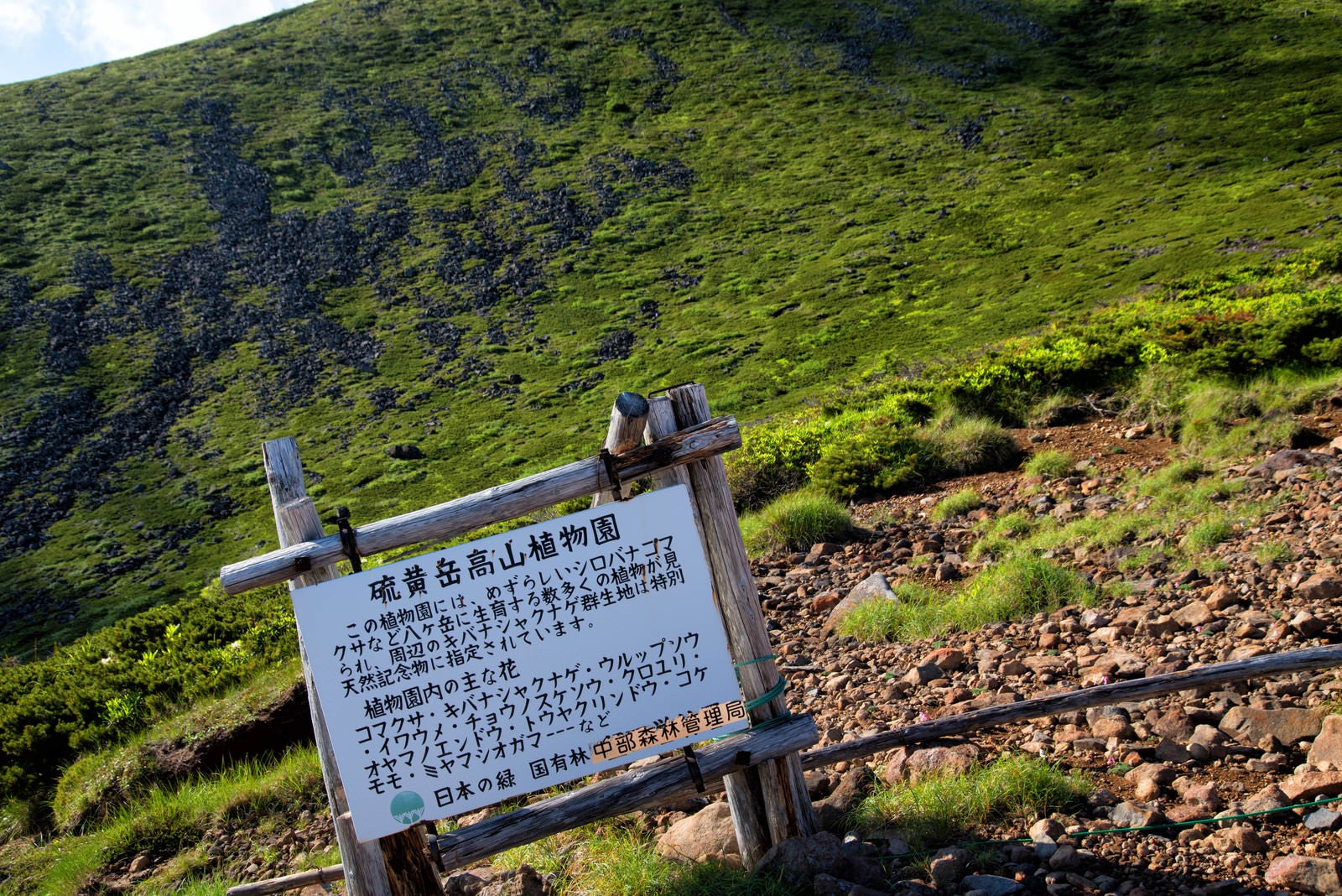 「硫黄岳高山植物園の看板」の写真