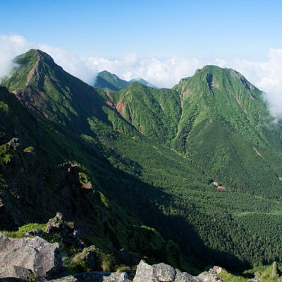新緑期の赤岳と阿弥陀岳（八ヶ岳）の写真