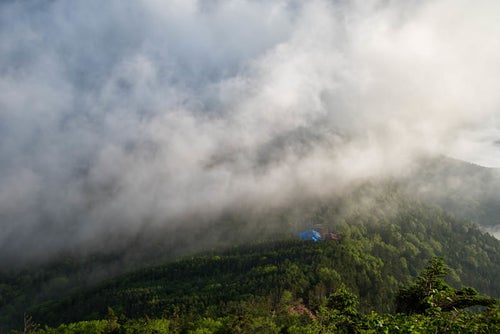 雲に飲み込まれる森の中の本沢温泉の写真