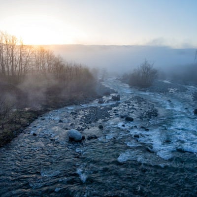 朝霧が立ち込める松川の写真