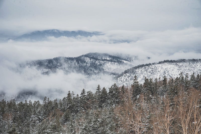 覆われた雲の中から顔を出す雪山の写真