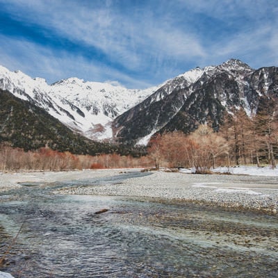 厳冬の穂高連峰と梓川の写真