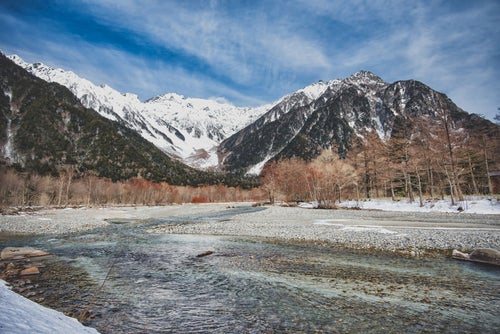 厳冬の穂高連峰と梓川の写真