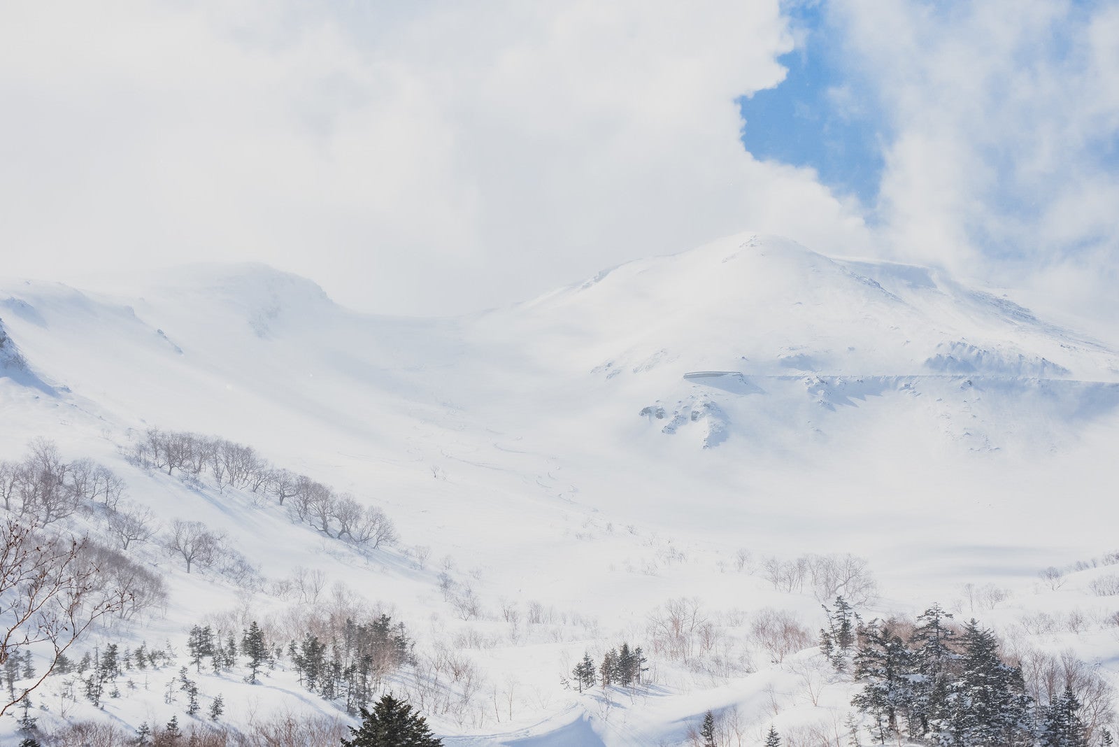 「乗鞍高原に積もる雪と沸き立つ雲（北アルプス）」の写真