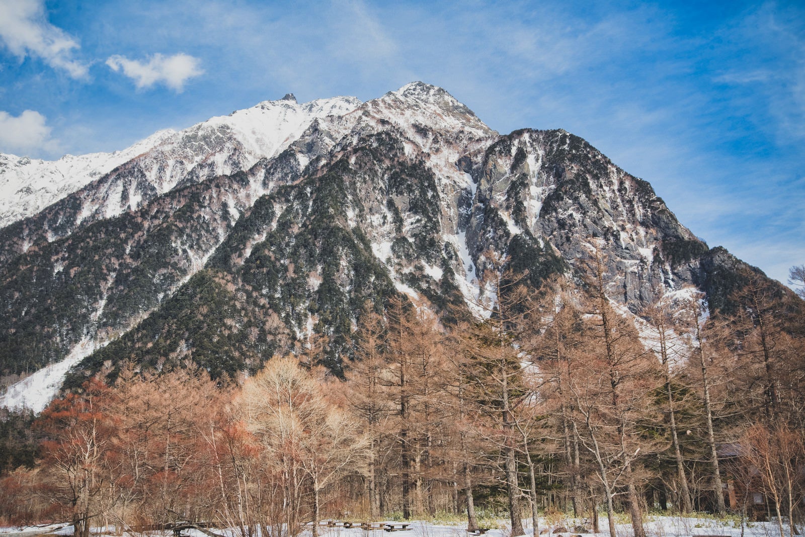 「雪化粧した木々と明神岳」の写真