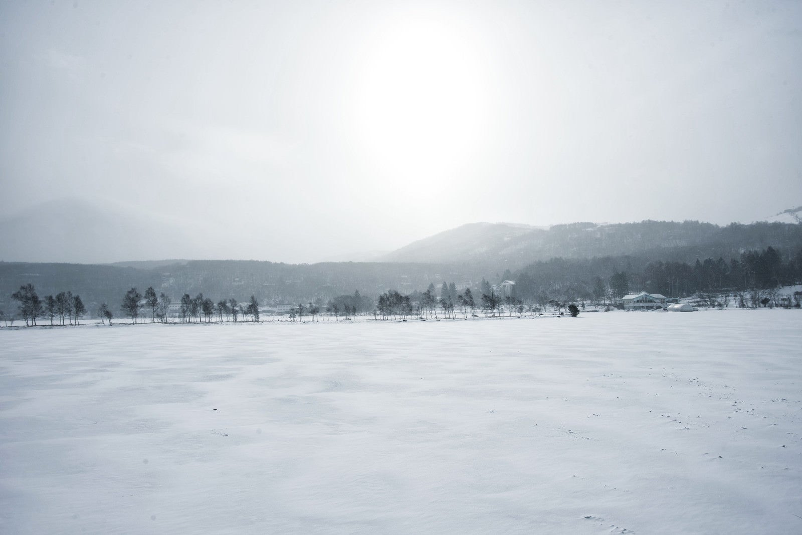 「凍結した白樺湖（しらかばこ）」の写真