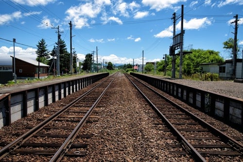 JR富良野線のホームと千代ヶ岡駅舎から続く線路の写真