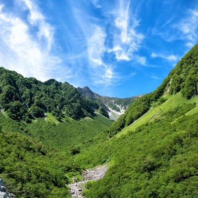 新緑溢れる山間からかすかに見える涸沢カールの写真