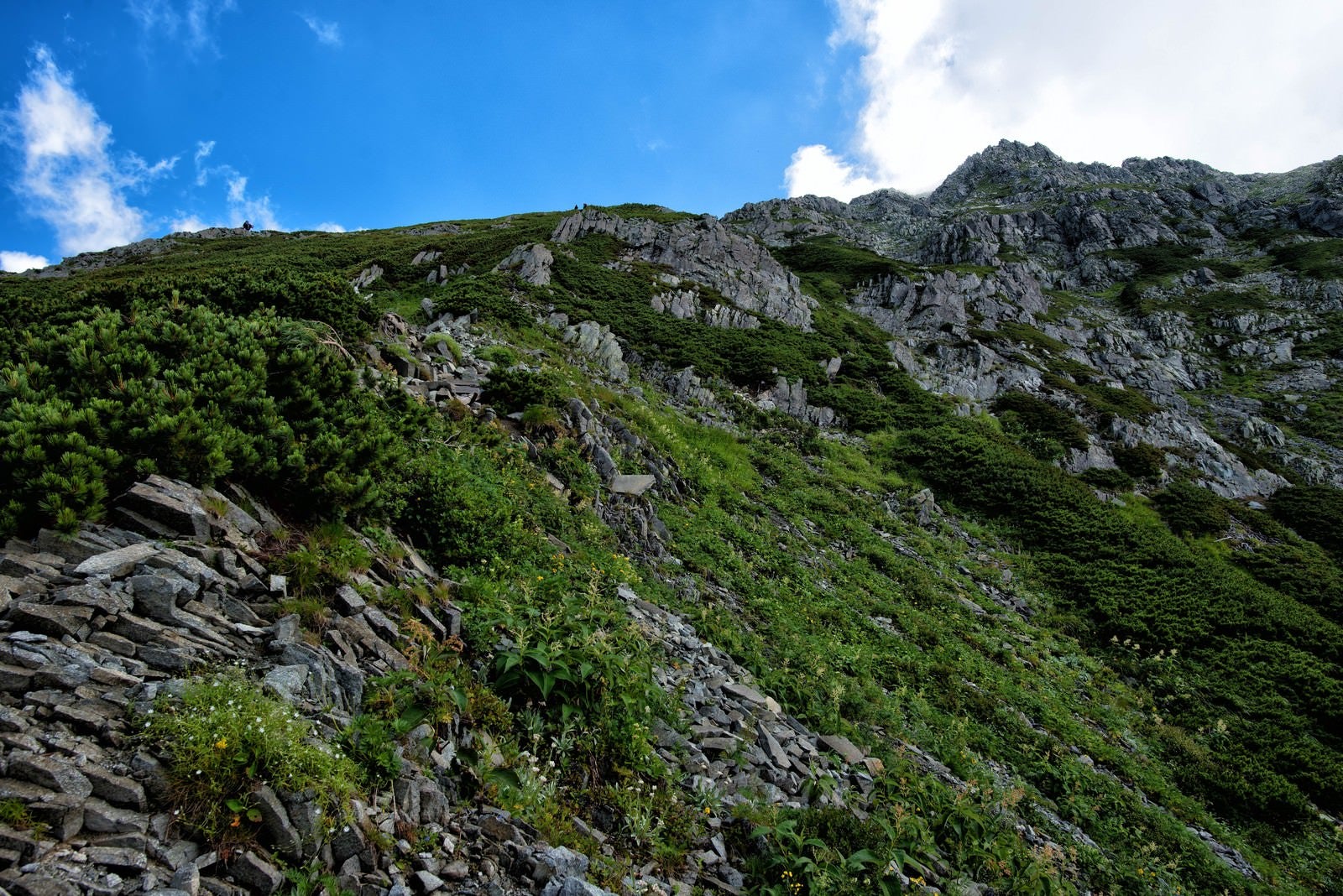 「急峻な登山道に聳え立つ前穂高岳」の写真