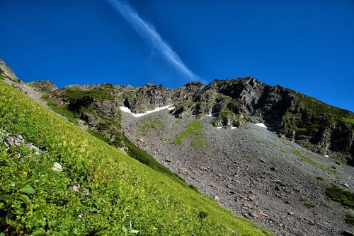 北穂高岳の岩壁に見える青空の写真